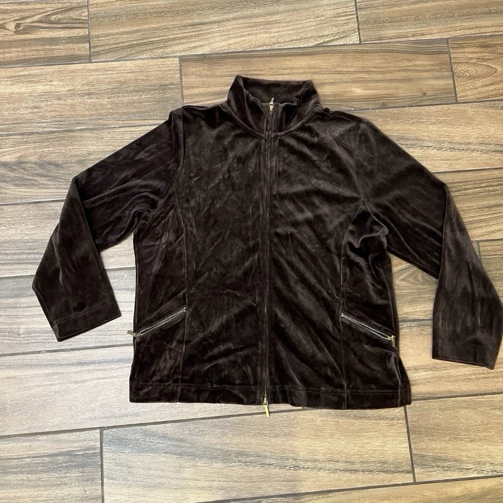 Lauren Ralph Lauren Velour Zip Jacket Brown Women Small Mock Neck Soft Coat
